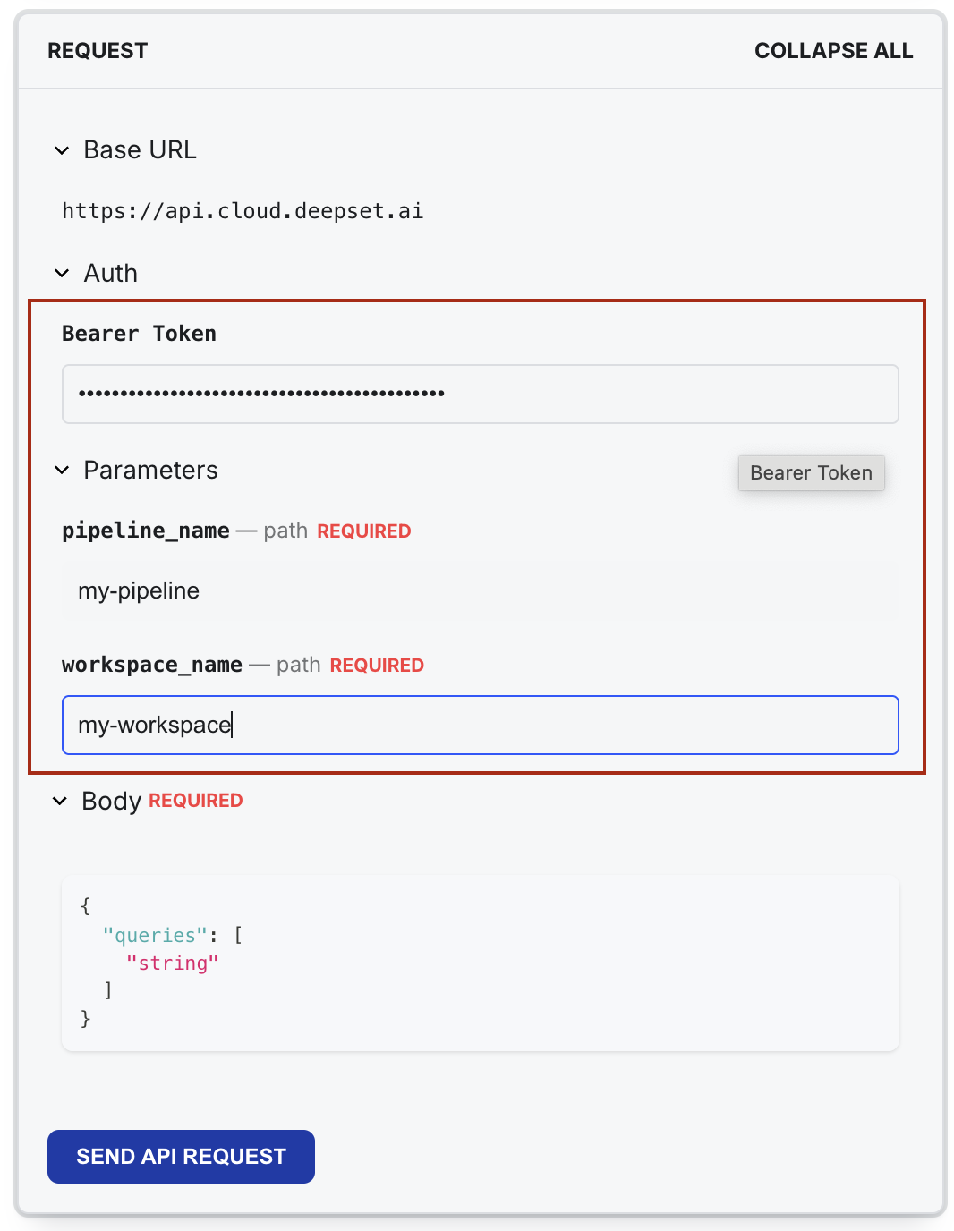 The fields to fill in in the API documentation