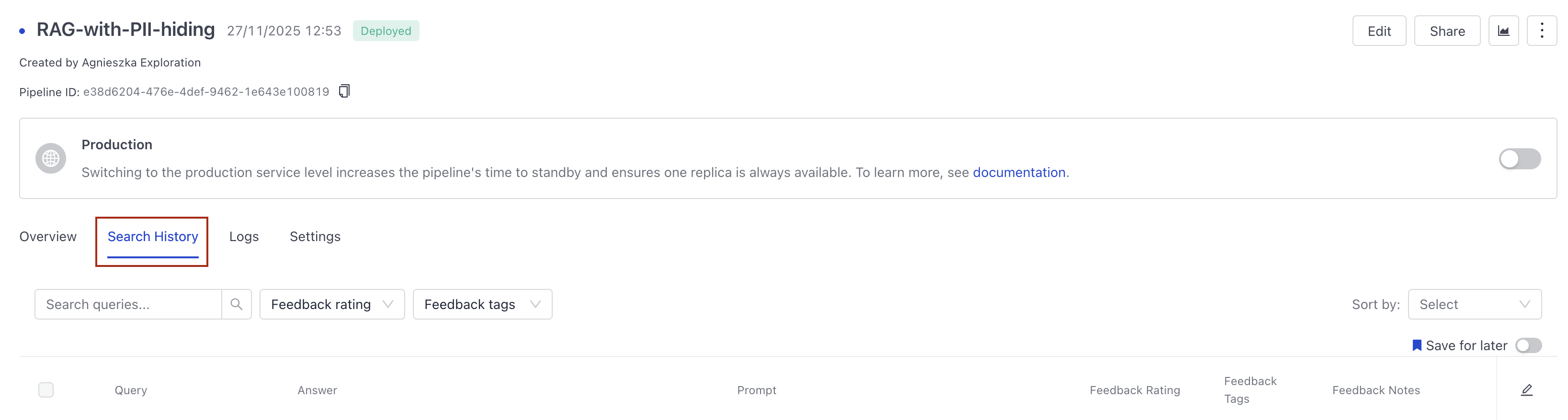 Pipeline Search History tab