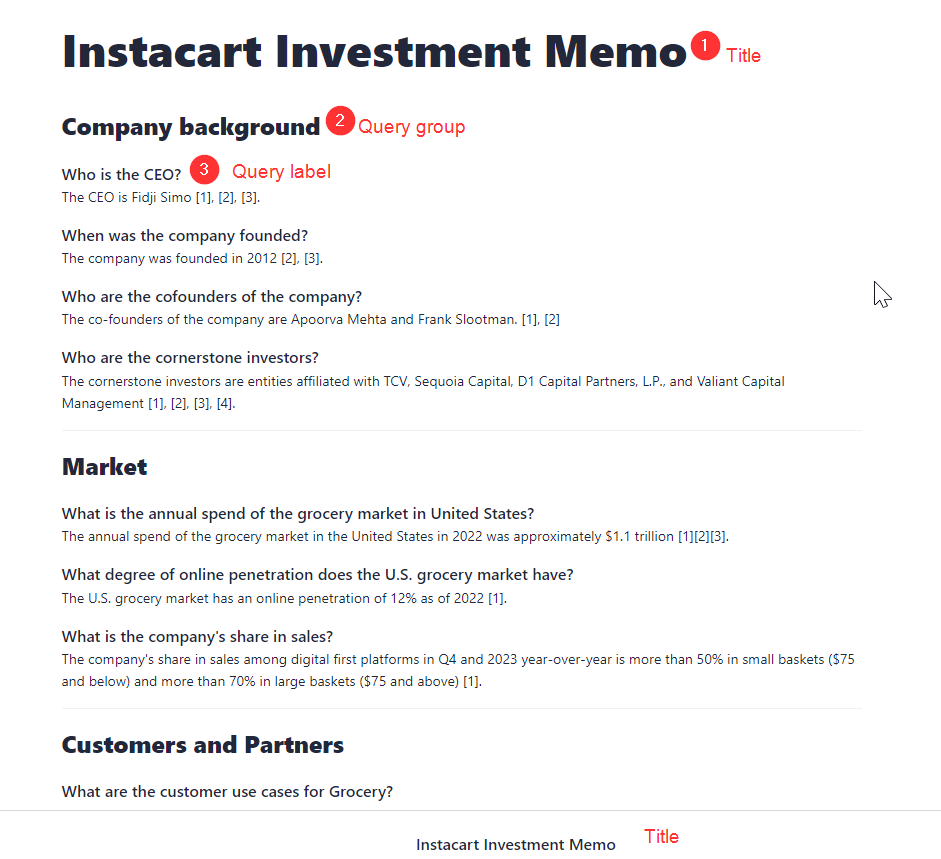 A shared job results page with a title, query group as h1 and query labels as h2.
