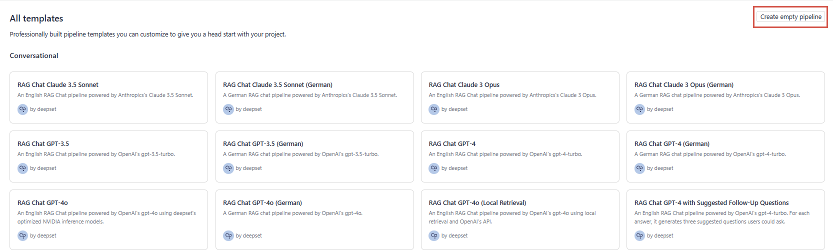 The Templates page with the Create empty pipeline button highlighted