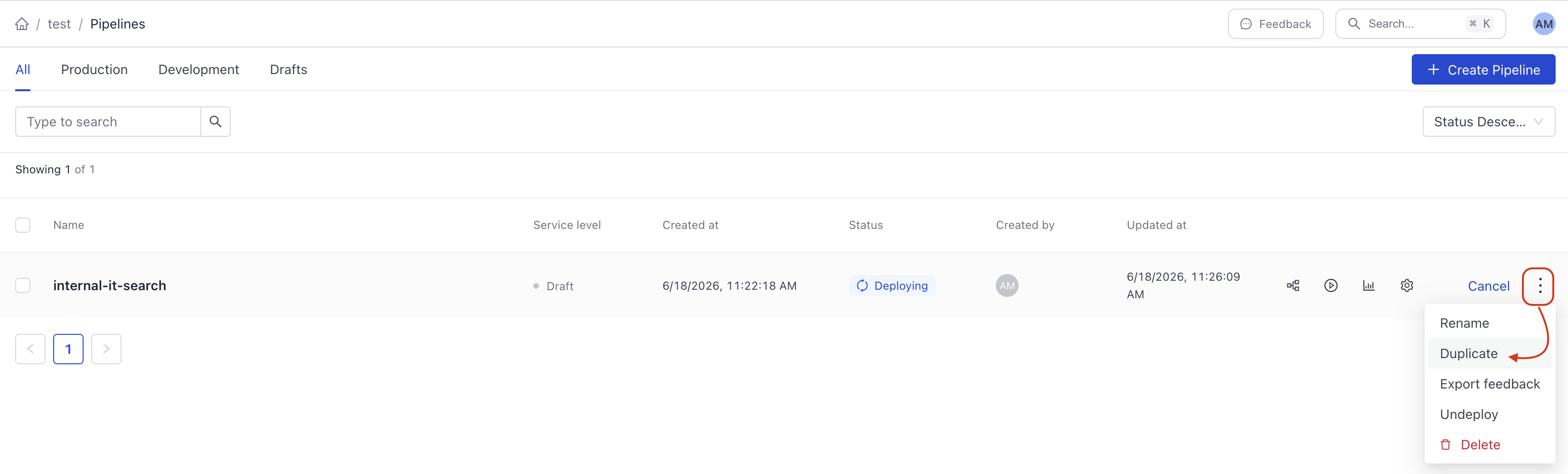 The Duplicate Pipeline menu