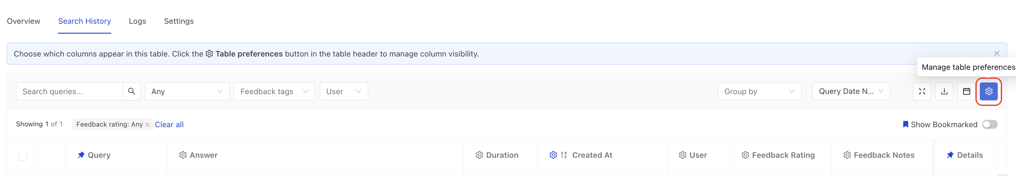 The Manage table preferences window