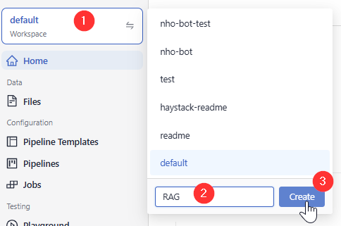 The workspace list expanded. At the bottom of the list there's an empty field where you can type the name of the new workspace and the Create button.