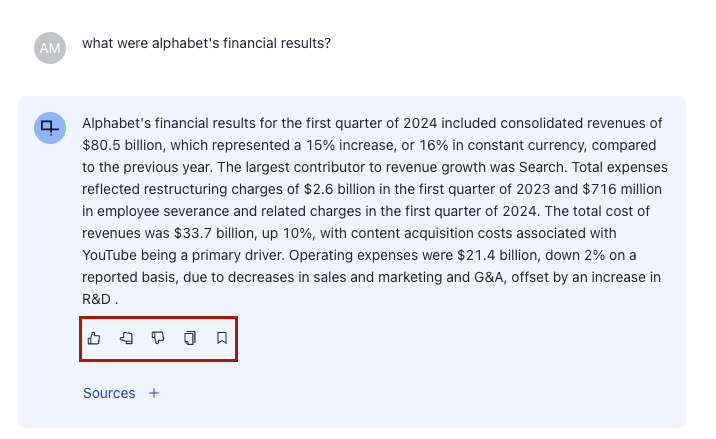 An answer to a question displayed on the Search page with the icons below it