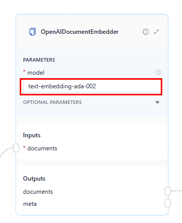 The OpenAIDocumentEmbedder component card with the model providedt