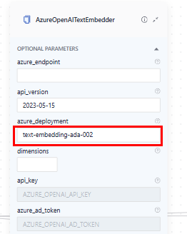 The AzureOpenAITextEmbedder component card with the model provided