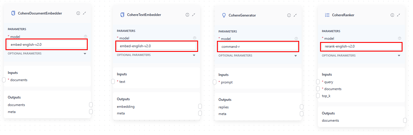 The component cards of components using Cohere models with the model parameter highlighted.