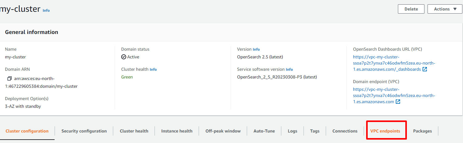The cluster details page with the VPC endpoints option highlighted