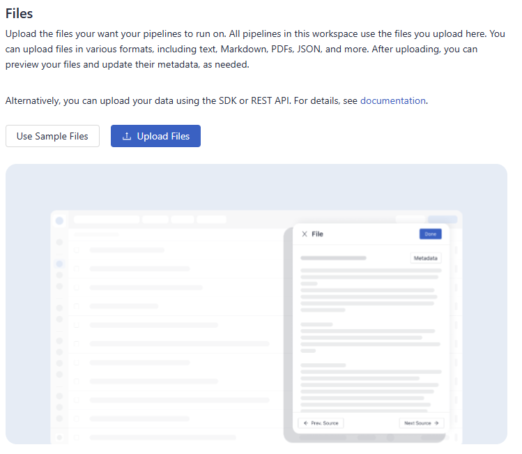 The files page with no files uploaded and sample files available for upload