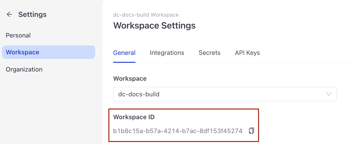 Workspace ID displayed on the Workspace Settings page.