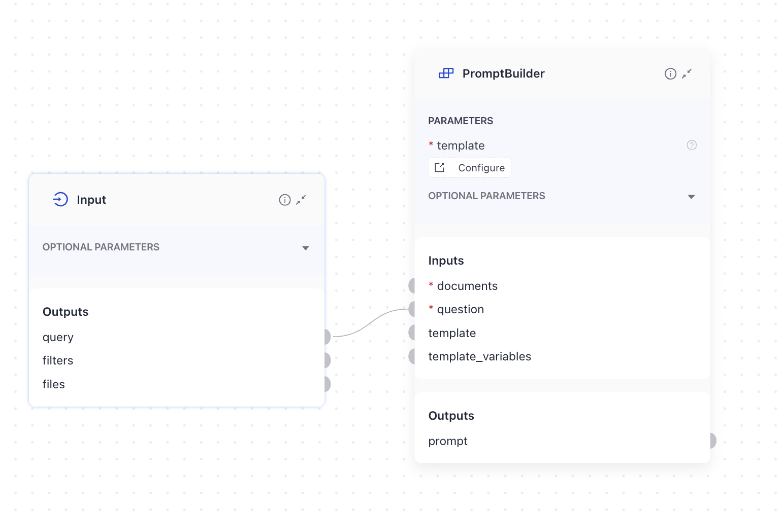 PromptBuilder's question input connected to the Input component in studio.