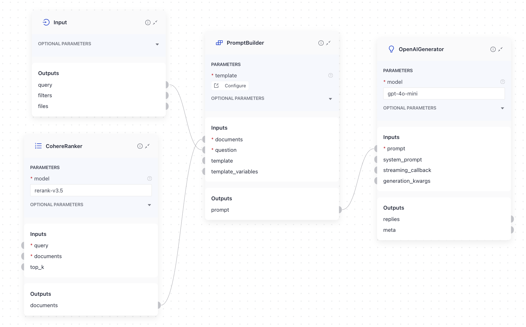 PromptBuilder connections in Studio. It's quesion edge is connected to the query component, it's documents edge is connected to the ranker component, and it outputs prompt which is connected to the generator's prompt input.