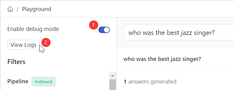 The Enable debug mode option in Playground with the view logs button.